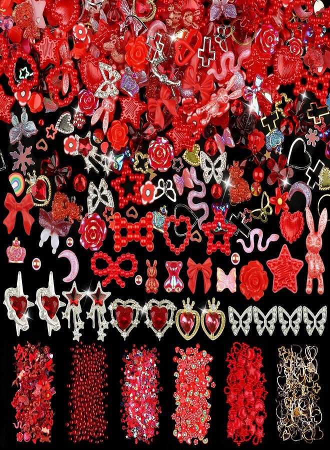 editTime 650pcs Mixed 3D Nail Charms Kit, 12pcs Luxury Metal Nail Rhinestones and 250pcs Resin Butterfly Flower Star Heart Bow Charms with 400pcs Flatback Pearls Rhinestone Metal Gems Charms (Red) - Image 1